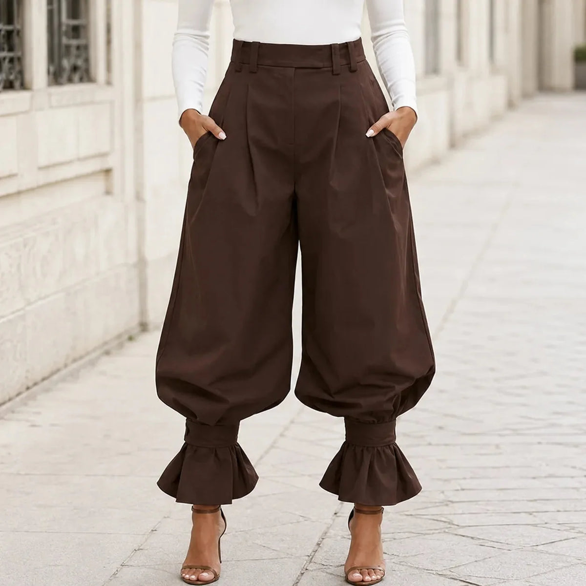 Verona – High Waist Pleated Lantern Pants with Ruffled Cuff