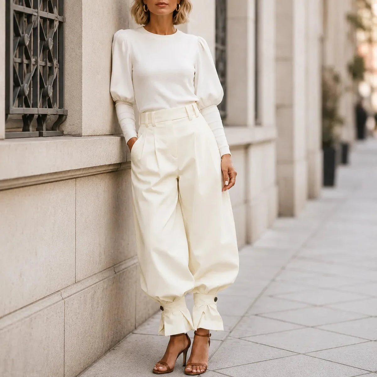 Marlow – Pleated Lantern Wide-Leg Trousers with Bow Cuffs